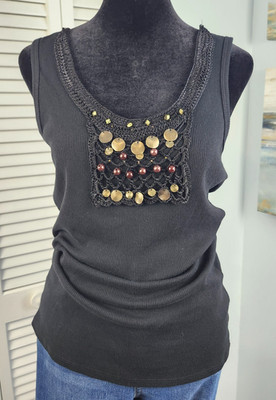 Moa Moa Black Ribbed Tank Crochet Beaded Detail Cotton Women's XL Festival
