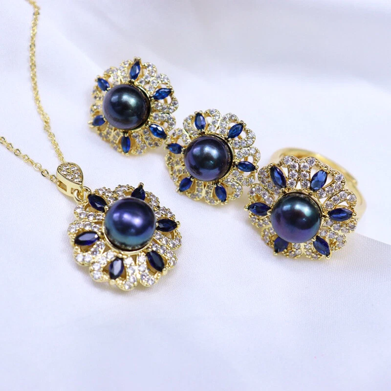 Real Pearl Zircon Crystal Inlay Gold Stud Earrings+Ring+Pendant Necklace Set AAA - Изображение 3 из 4