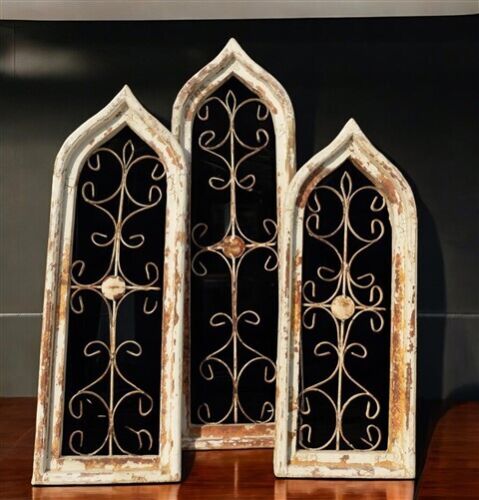 Set 3 Gothic Teardrop Window Frames, Architectural Wood Metal Wall Decor Set