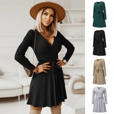 Fashion Sweater Dress Sexy V-neck Long Sleeve Pleated Knitted A-Line Dress