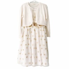 Girl  s Easter Dress  Sweater 6X White Gold Polka Dot Roses Ruffles Church Party