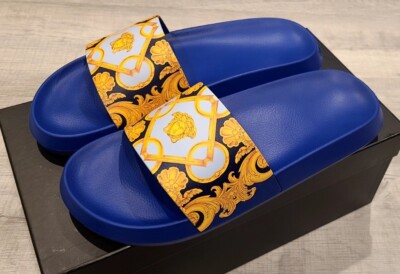 Versace Mens Navy Gold Slides, Size 12US (45 EUR)
