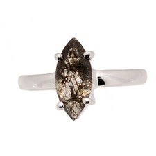 Natural Tourmalated Quartz / Black Rutile, Sri Lanka 925 Silver Ring s.8 CR73610