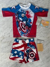 NEW Disney Store CAPTAIN AMERICA Toddler Boy Size 3 Swim Trunks  Rash Guard