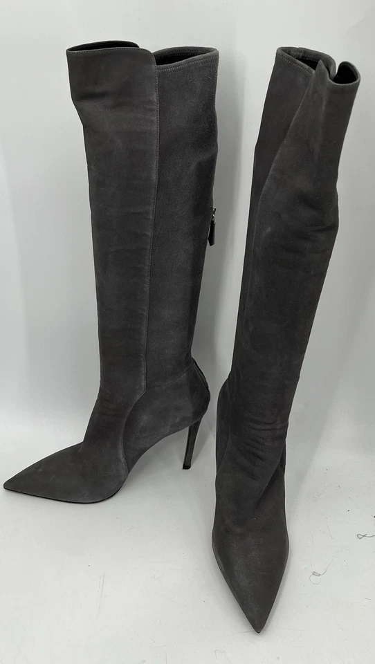 Bota de aguja Prada gris gamuza sin cordones punta hasta la rodilla talla 39,5 Foto 2 de 4