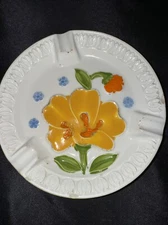 Vintage Round Floral Ceramic Ashtray Orange Yellow Orange Japan 2