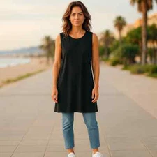 ACTIVE LIFE Black Knit Shift Dress Large Sleeveless Details at Hem Modal/Spandex