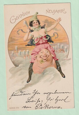 Seltene original gewagte österreichische Glücklich Neujahr Neujahr Postkarte um 1900 #1001