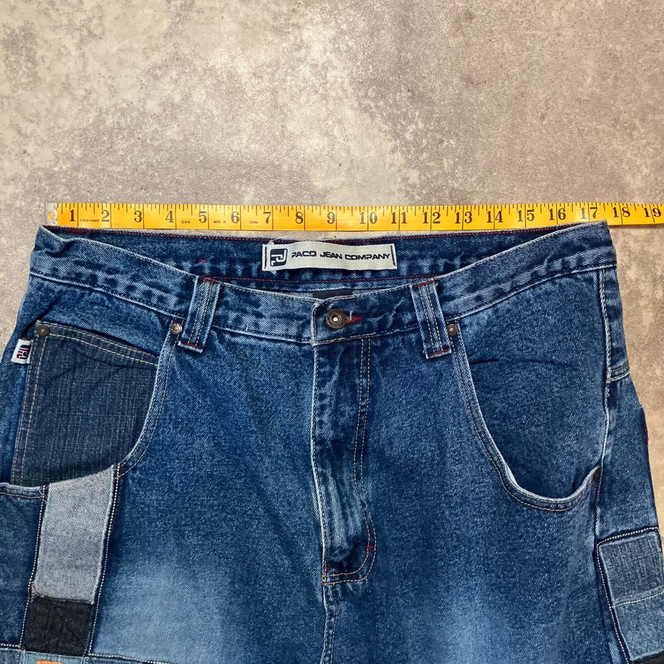 Pantalones de mezclilla PACO para hombre 36x33 azul parche deletreado pierna ancha holgados patín Y2K Foto 2 de 4