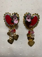 Vintage LUNCH AT THE RITZ ENAMEL HEARTS & ROSES PIERCED DANGLE Hearts EARRINGS