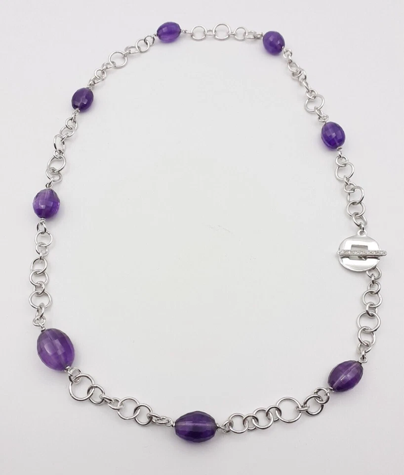 Collana ametista argento 925 diamanti gioiello donna catena artigianale - Immagine 2 di 4