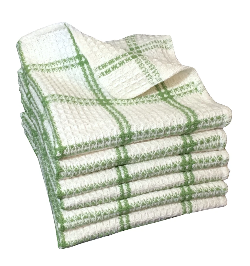 6Pc Green Waffle Weave Dish Cloths Professional Kitchen Towels 100% Cotton  12x13