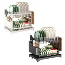2 Tier Kitchen Sink Dish Drainer Rack With Drip Tray Cutlery Holder Plate Rack