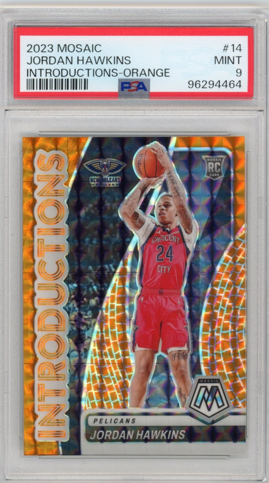 Jordan Hawkins 2023 Mosaic Orange Introductions Pelicans /49 Mint PSA 9