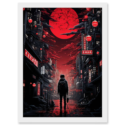 Midnight Blood Moon in Tokyo Conceptual Artwork Japanese Framed Art Print A3