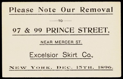 1896 Excelsior Skirt Co New York NY Victorian Removal Notice Postal Card