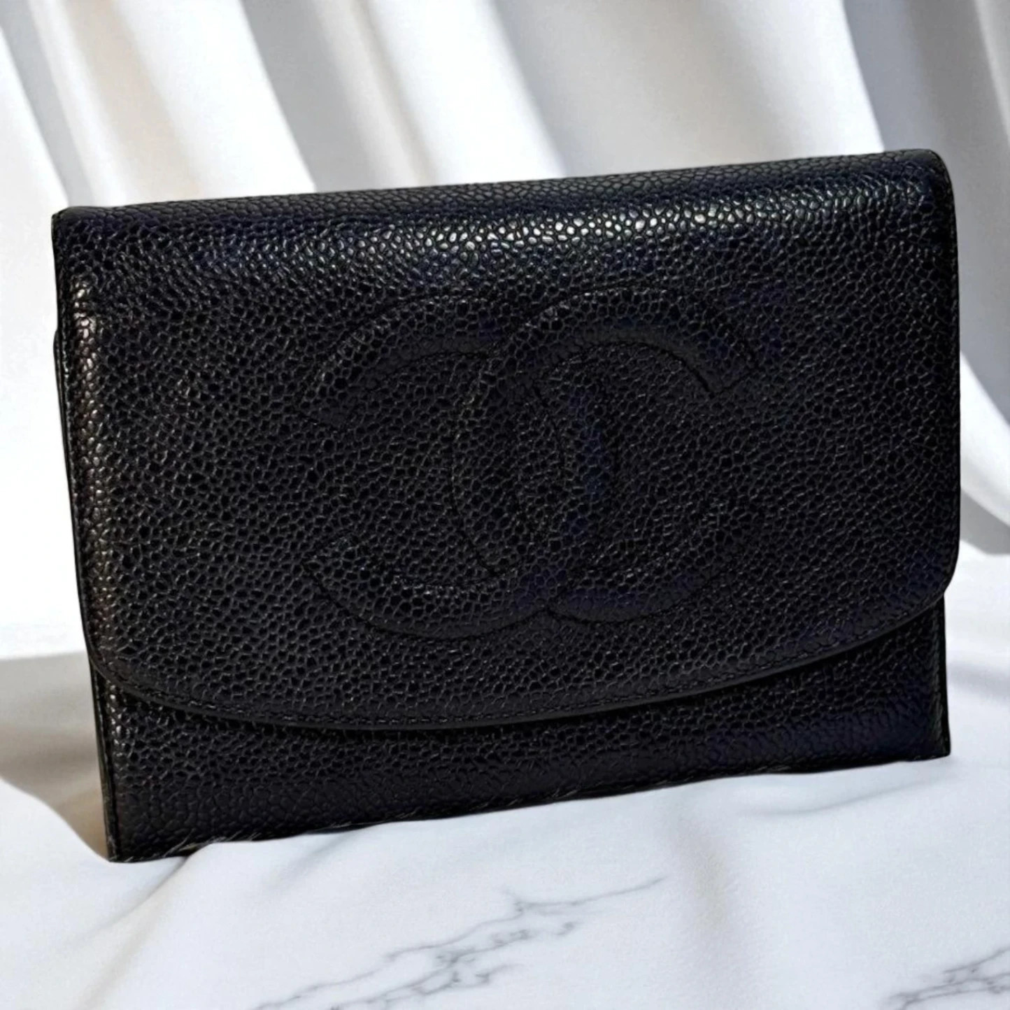 Vintage Chanel Black Caviar Tri-Fold Wallet with Gold Logo