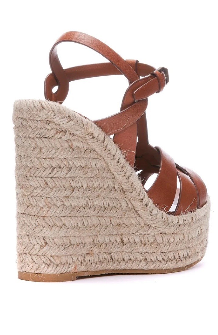 Nuovo con scatola $950 Saint Laurent Tribute Espadrillas 85 marrone plateau zeppa sandalo 38 YSL