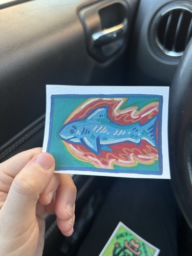 Aceo Art Card Signed Original Mixed Media Illustration 2.5x3.5 Stickfig-78 Shark