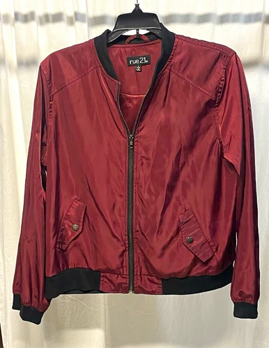 rue21 Men’s Burgundy Satin Bomber Jacket Full Zip Pockets Size L - product listing photo