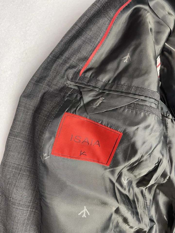 Isaia Mens Wool Sport Coat Blazer Jacket Size 52 Gray Check *FLAWS - Image 4 of 4