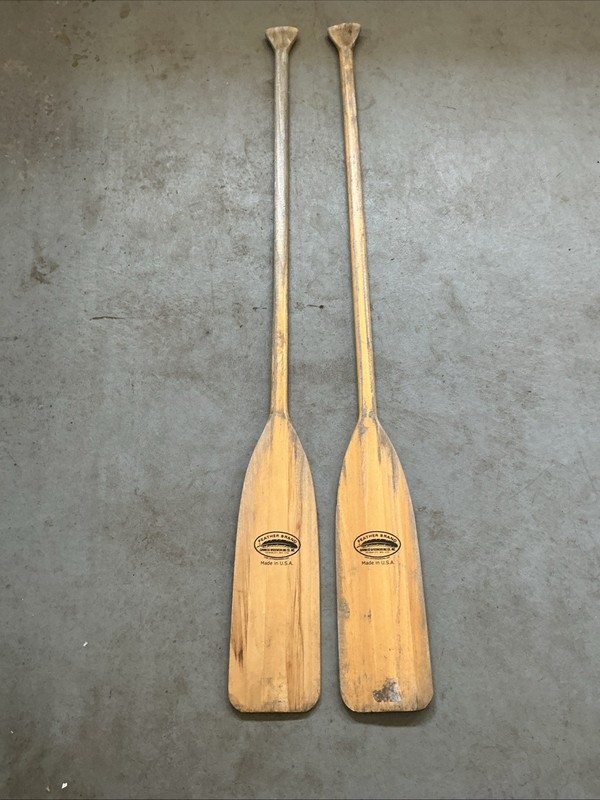 VINTAGE PAIR OF FEATHER BRAND 58” WOOD BOAT CANOE OARS PADDLES GREAT PATINA