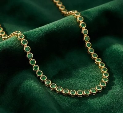 4MM Round Cut Lab Created Emerald Bezel Tennis Necklace 14k Yellow Gold Plated