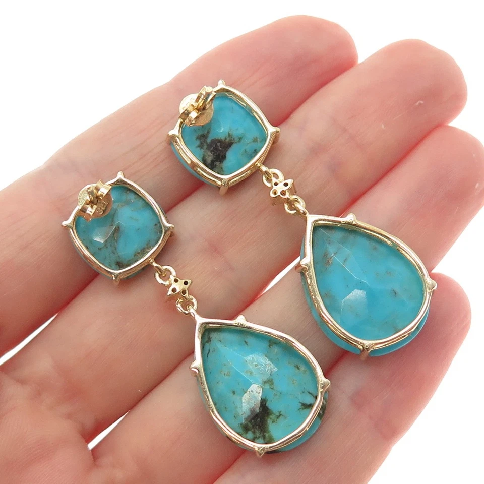 925 Sterling Silver Gold Plated Real Diamond & Lone Mountain Turquoise Earrings - Image 2 of 4