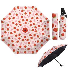 Strawberries Automatic Folding Umbrella Fruits Compact Travel Umbrella Pink B...