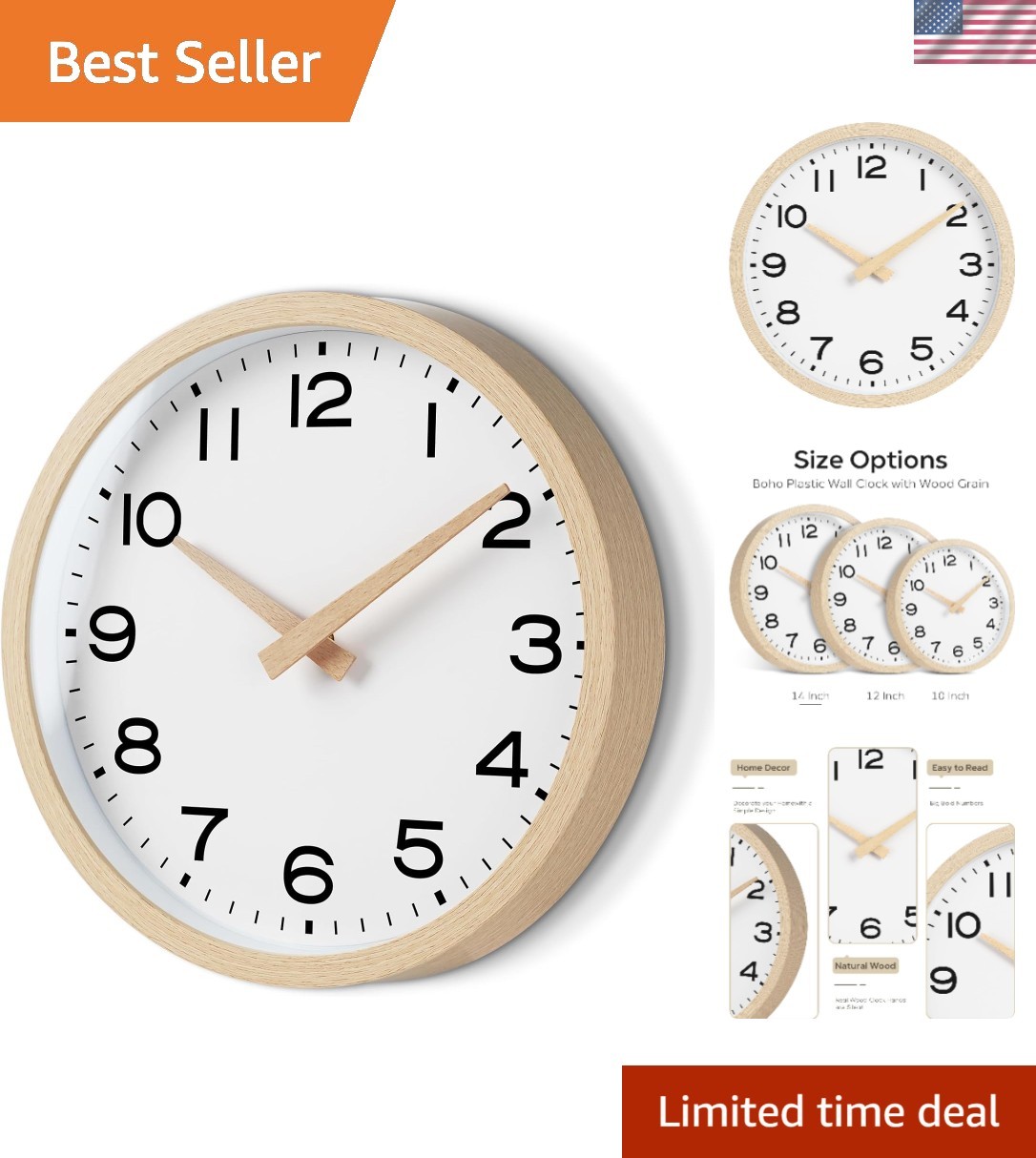 Wall Clock 14 Inch,Boho Large Wall Clocks Battery Operated Non Ticking,Big Silen