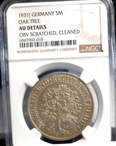 GERMANY 1931J 5 MARK OAK TREE NGC AU DETAILS