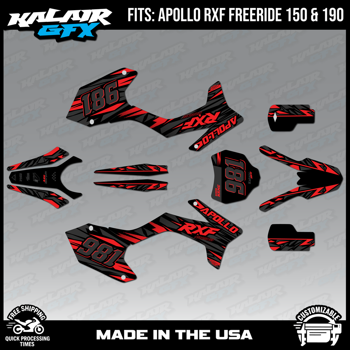 Graphics Kit for Apollo RXF Freeride 150 190 Twitch Series - Red