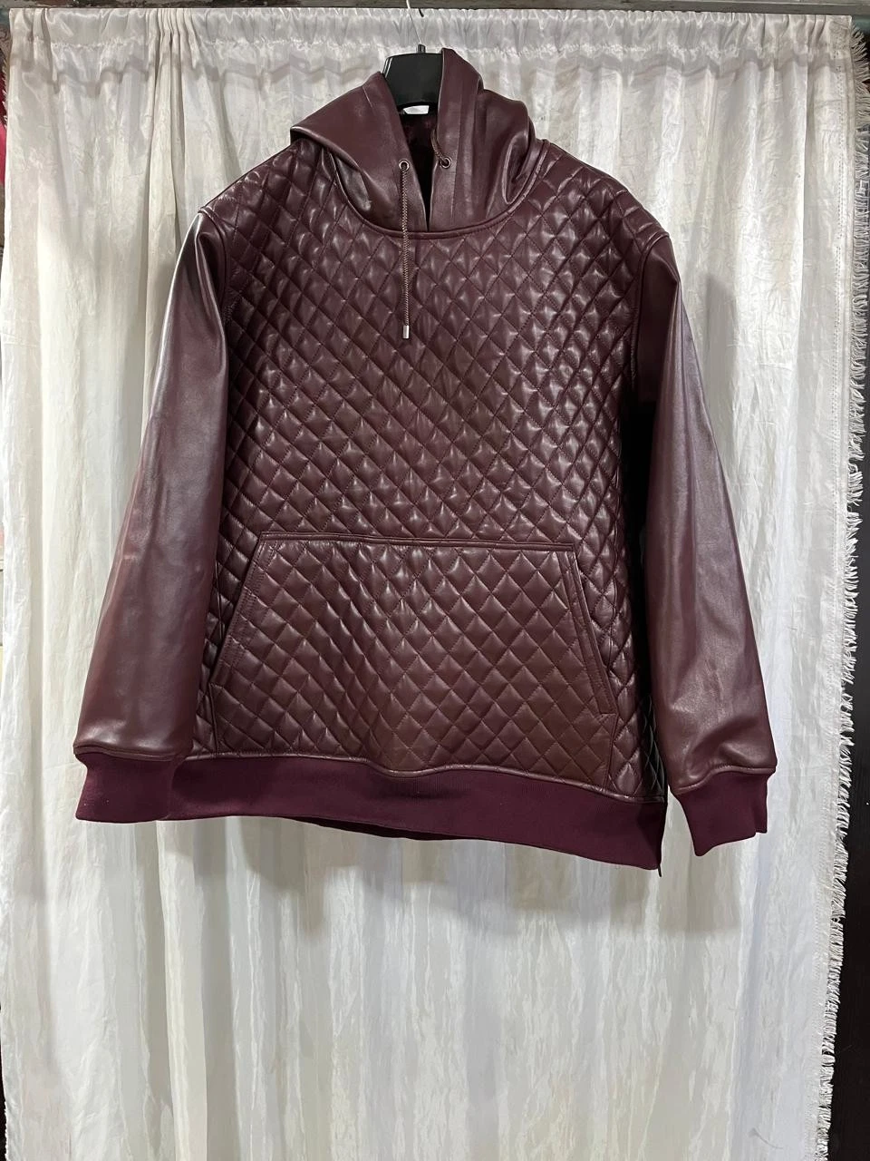 New Mens Burgundy Hooded Quilted Leather Jacket| Genuine Sheepskin Leather Hoody