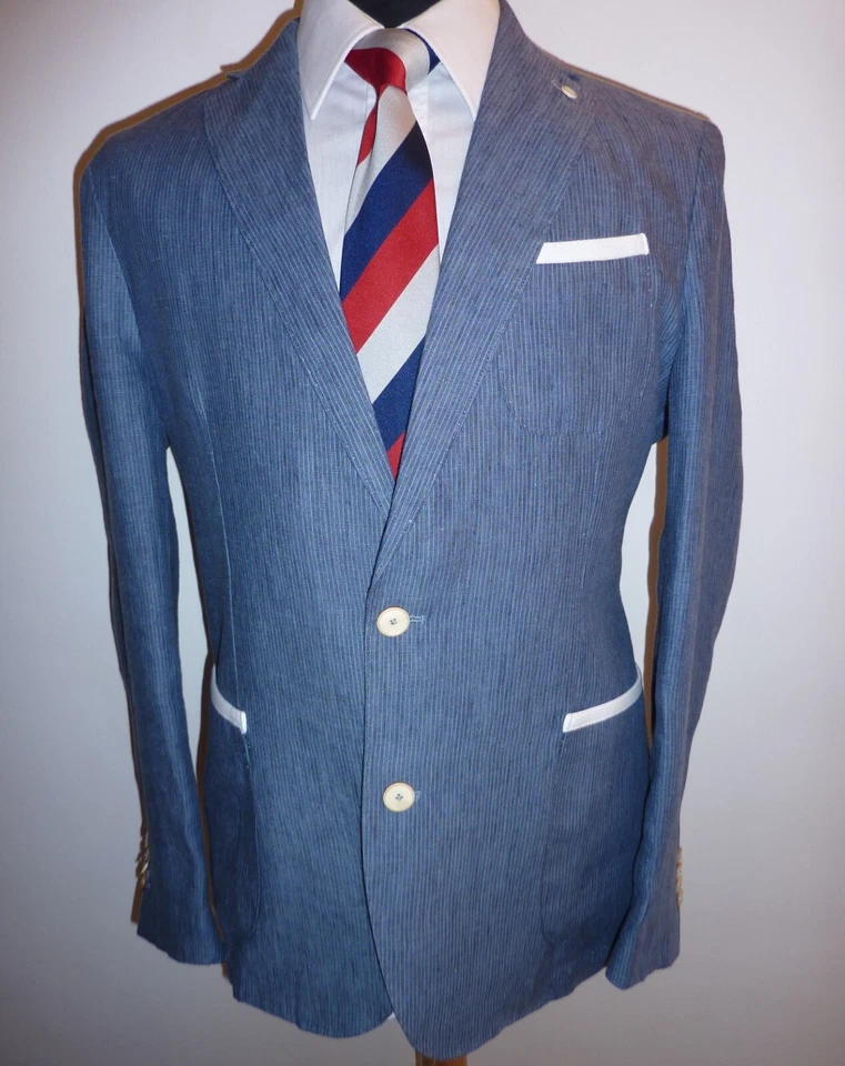 Boating Blazer Mango Blue Stripe 42 Slim Linen Rowing Regatta Jacket Sport Coat - Image 4 of 4