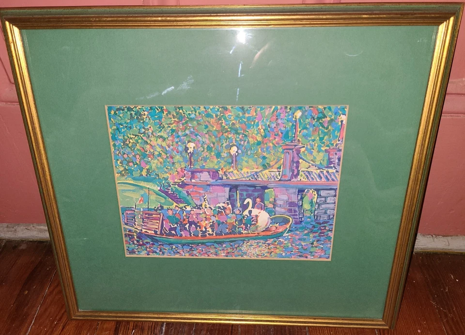 Impressionist style framed art print, swan boat ride in Boston Public Garden