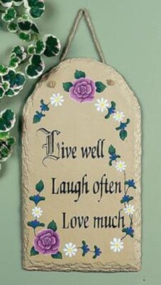 NEW ''LIVE WELL LAUGH OFTEN LOVE MUCH'' WALL PLAQUE WITH ROPE HANGER 14'' x 6'' NIB