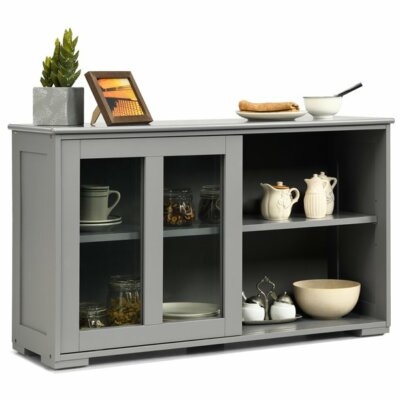 Gray Buffet Sideboard Storage Cabinet Sliding Glass Door Dining Kitchen Shelf