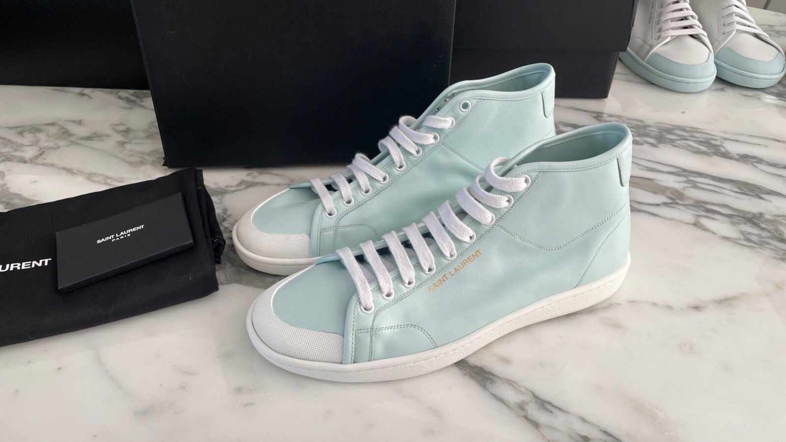 SAINT LAURENT 652773 scarpe alte uomo blu pelle suola bianca misura 42 45 5