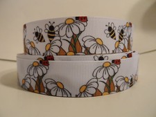 Grosgrain Ribbon, Daisy Flowers with Bumble Bees  Lady Bugs, Nature 7/8"