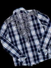 ROAR Shirt Men’s LG Signature Edition Blue Tribal Dagger Embroidered Button Up