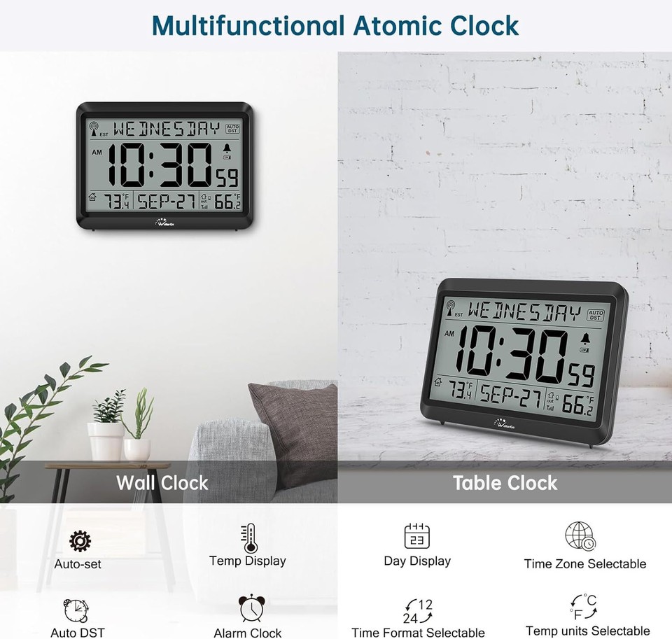 Atomic Self-Setting Digital Clock – Indoor/Outdoor Temp, Alarm, Calendar