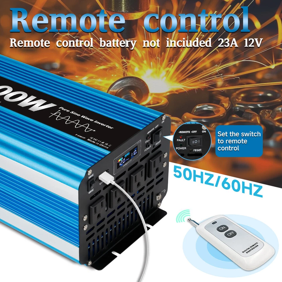 4000W/8000W Pure Sine Wave Power Inverter 12V to 120V W/ 4AC Remote Control Blue - Image 3 of 4