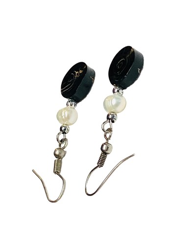 Vintage Freshwater Baroque Pearl & Black Shell Earrings Handmade Drop Dangle - Picture 15 of 24