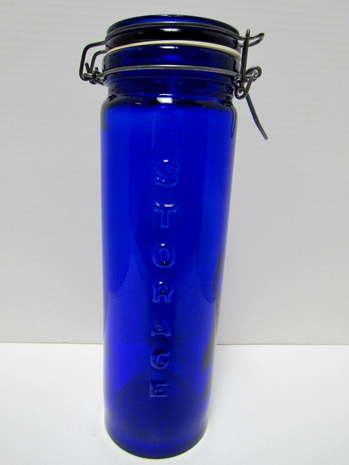 VTG COBALT BLUE HINGED STORAGE JAR TWO POUND CAP. 13"T MADE IN ITALY EX!