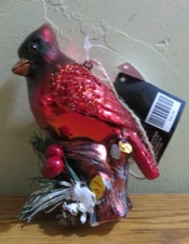 CHRISTMAS SHOPPE Glass Blown Ornament CARDINAL  EVERGREEN BERRIES
