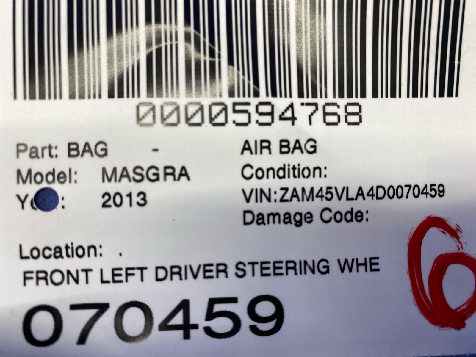 2008-2019 MASERATI GRANTURISMO FRONT LEFT STEERING WHEEL AIRBAG ASSEMBLY