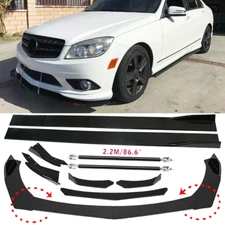 Front Bumper Lip Spoiler+86.6" Side Skirt Body Kit Glossy For Mercedes-Benz C-C