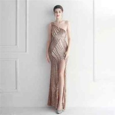 Vestito Abito Elegante Lungo Oro Strass Sera Sirena Evento Spacco 02361