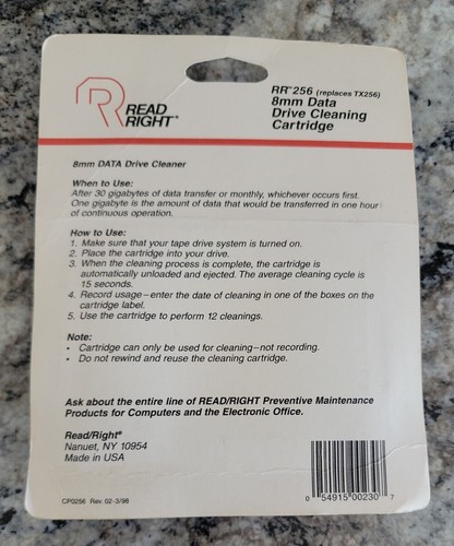 Vtg Read Right RR 256 8mm Data Drive Cleaning Cartridge New Sealed Old Stock USA - Picture 5 of 8