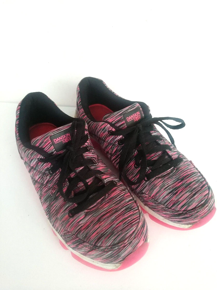 DANSKIN NOW, LADIES PINK & BLACK MULTI-COLOR STRIPE ATHLETIC SHOE, SIZE 9  1/2